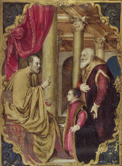 Senador o Dogo veneciano presentando a su hijo a su santo patrón de Venetian School