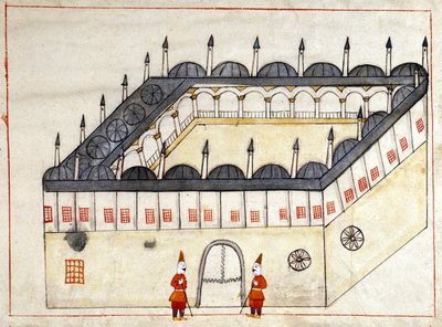 Vista exterior de una caravana en Andrinopla (ahora Edirne) en Turquía bajo el Imperio Otomano. Miniatura de "Memoriales Turcos" (códice Cicogna 1971 "Memorie Turchesche") Acuarela de la escuela veneciana del siglo XVII. de Venetian School