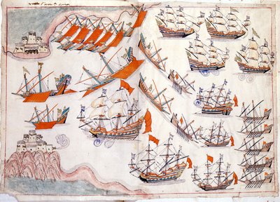 Guerra entre Venecia y el Imperio Otomano: Batalla de los Dardanelos que vio la victoria del capitán veneciano Lorenzo Marcello en 1655 de Venetian School