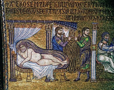 Arquitectura bizantina: "La embriaguez de Noé" mosaico realizado por artistas venecianos del siglo XIII Basílica de San Marcos de Veneto Byzantine School