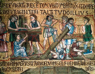 Arquitectura bizantina: "la construcción de la torre de Babel" En el sitio, trabajadores y carpinteros aserran tablas. Mosaico realizado por artistas venecianos del siglo XIII Basílica de San Marcos de Veneto Byzantine School