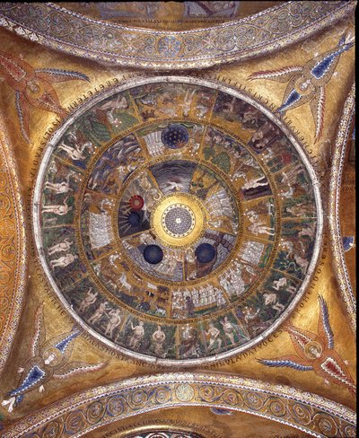 Vista de la cúpula con mosaicos sobre fondo dorado de Veneto Byzantine School