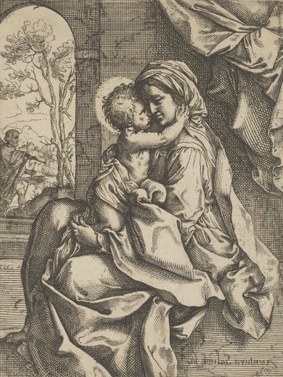 La Virgen sentada con el Niño Jesús en su regazo abrazándola, José visto a través..., ca. 1600-1613 de Ventura Salimbeni