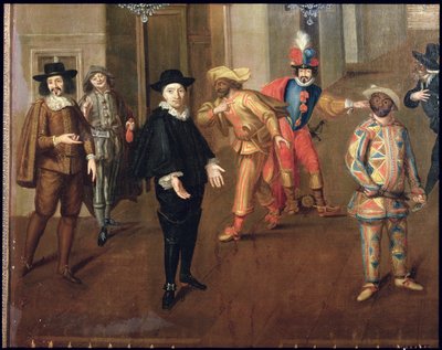 Comediantes italianos y franceses actuando en farsas, 1670 (detalle) de Verio
