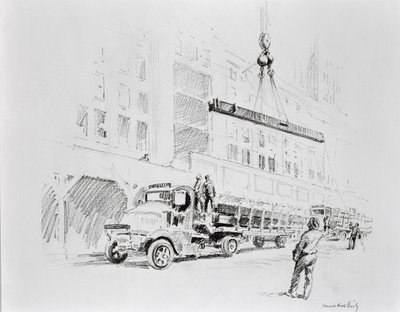 Viga de acero siendo izada del camión, para ser utilizada en la construcción del Empire State Building, publicado por William Edwin Rudge de Vernon Howe Bailey