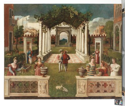 Un jardín de arquitectura clásica con elegantes figuras, un paisaje montañoso más allá, c. 1530 (óleo sobre lienzo) de Veronese School