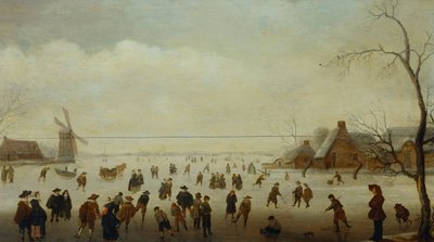 Paisaje invernal con numerosos patinadores, jugadores de golf y campesinos en vías fluviales congeladas de Verstralen