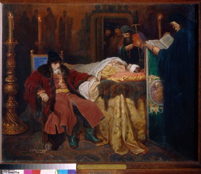 Iván IV dijo el Terrible (1530-1584) y su hijo Iván (1554-1581), viernes 16 de noviembre de 1581. (Iván el Terrible y su hijo Iván el viernes 16 de noviembre de Viatcheslav Grigorievitch Schwarz