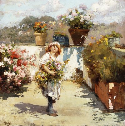 Una joven recogiendo flores al sol de Vicenzo Irolli