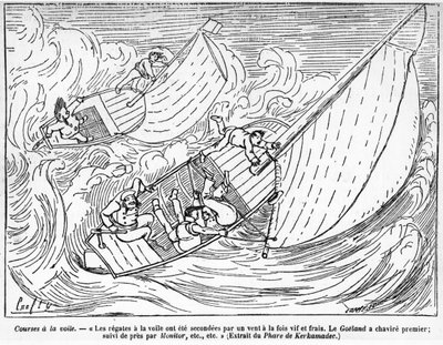 Regata de veleros, barcos volcados: "las regatas de vela fueron apoyadas por un viento fuerte y fresco. El barco Goeland volcó primero, seguido muy de cerca por Monitor..." - dibujo de Crafty, en "El Centauro" de Victor  Geruzez
