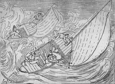 Carreras de vela: dos regatas, el Goëland y el Monitor volcados - extracto del Faro de Kerkamadec - dibujo de Crafty - en “Le Centaure” de Victor  Geruzez