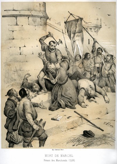 Asesinato de Etienne Marcel, rico dibujante y Prevot des merchants (1316-1358) por el echevin Jean Maillart, uno de los líderes del partido realista, en julio de 1358. Grabado de Victor Adam (1801-1866) en el libro "France in the Middle Ages" publicado de Victor Adam