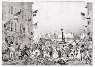 Barricada en la Rue Dauphine, 29 de julio de 1830, grabado por H. Delaporte de Victor Adam