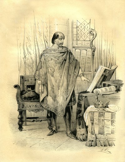 Carlos 2 el Calvo (823-877) Rey de Aquitania (838), Rey de Francia Occidental (840), Rey de Lorena y Borgoña (869), Emperador de Occidente (875). Grabado de Victor Adam (1801-1866) en el libro "Francia en la Edad Media" publicado por el caldo Ardant. de Victor Adam