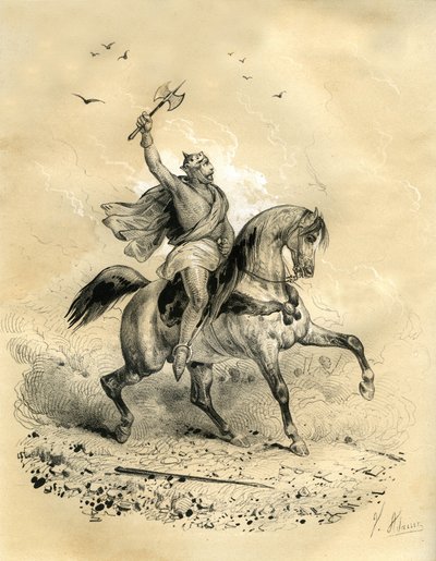 Carlos Martel (688-741) venció a las tropas árabes en Poitiers en 732. Grabado de Victor Adam (1801-1866) en el libro "Francia en la Edad Media" publicado por los hermanos Ardant a mediados del siglo XIX. de Victor Adam