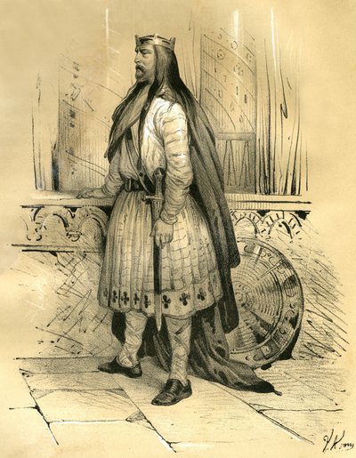 Clodión el Velloso, jefe de los francos salios desde alrededor del año 428 hasta su muerte en 447, probable antepasado de los merovingios. Grabado de Victor Adam (1801-1866) en el libro "Francia en la Edad Media", publicado por los hermanos Ardant a mediad de Victor Adam