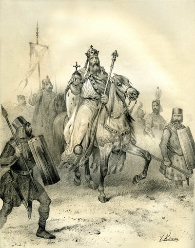 El emperador Carlomagno, portando los emblemas del poder, cabalga al frente de sus tropas soldados con armadura. Grabado de Victor Adam (1801-1866) en el libro "Francia en la Edad Media" publicado por los hermanos Ardant a mediados del siglo XIX. de Victor Adam