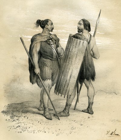 Guerreros francos y sicambres hacia el año 254. Los sicambres eran un pueblo germánico al sur del Lippe, subordinado por los romanos en el siglo VIII e integrado después en el pueblo franco. Grabado de Victor Adam (1801-1866) en el libro "France in t de Victor Adam