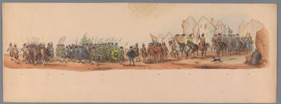 Procesión histórica en el segundo centenario de la Universidad de Ciencias Aplicadas de Utrecht, 1836 (lámina 10) Acercamiento de los ejércitos holandeses a Ostende, 3 de julio de 1600, el día después de la victoria en Nieuwpoort; según la presentación dis de Victor Adam