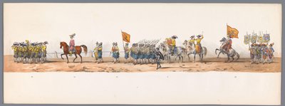 Procesión histórica en el segundo centenario de la Universidad de Ciencias Aplicadas de Utrecht, 1836 (lámina 7) Acercamiento de los ejércitos holandeses a Ostende, 3 de julio de 1600, el día después de la victoria en Nieuwpoort; según la representación di de Victor Adam