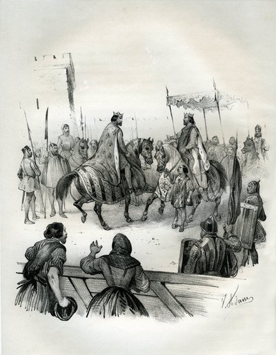 Entrevista en 1023 de Enrique 2 (conocido como el cojo y el santo, 973-1024), emperador alemán (duque de Baviere y rey de Germania) y Roberto 2 el Pieux (970-1031), rey de Francia desde 996 hasta su muerte. Roberto era hijo de Hugues Capet, cuya coronación de Victor Adam