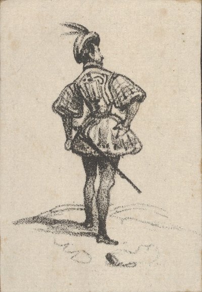 Hombre con espada y sombrero con plumas, visto desde atrás, mediados del siglo XIX de Victor Adam