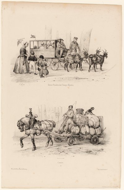 Coche ómnibus en los Campos Elíseos, c.1841-44 (impresión) de Victor Adam