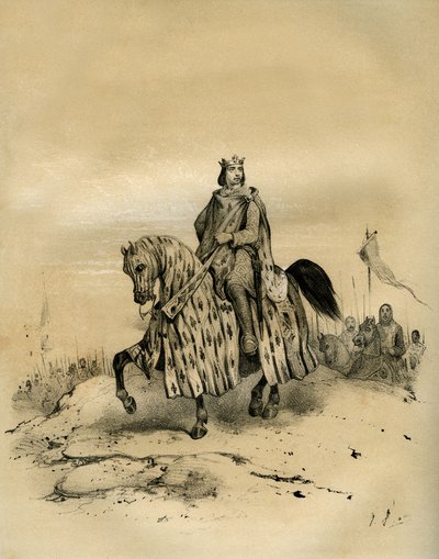 Felipe 6 de Valois (1293-1350), rey de Francia de 1328 a 1350, primer rey de la dinastía Valois, cabalgó al frente de sus tropas cuando tomó el poder en 1328, a pesar de las pretensiones de Eduardo 3 de Inglaterra. Esta disputa abrió la guerra de los cien  de Victor Adam