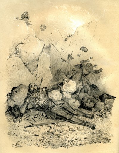 Roldán, conde de la marcha de Bretaña muerto por un destacamento de vascones (vascos) en 778 en el valle de Ronceveaux (Pirineos). Grabado de Victor Adam (1801-1866) en el libro "Francia en la Edad Media" publicado por los hermanos Ardant a mediados del si de Victor Adam