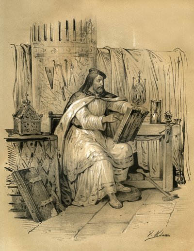 San Eloi (v.588-660) orfebre y tresorier del rey de los francos Dagoberto I, luego eveque de Noyon desde 641 hasta su muerte. Grabado de Victor Adam (1801-1866) en el libro "Francia en la Edad Media" publicado por los hermanos Ardant a mediados del siglo X de Victor Adam