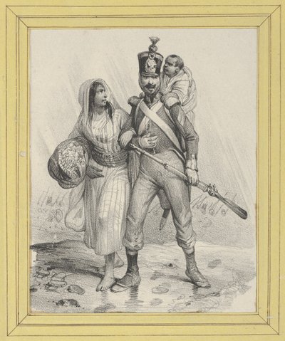 Soldat mit einer Frau am Arm und einem Kind auf dem Rücken de Victor Adam