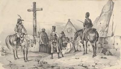 Soldados reunidos frente a una iglesia con sacerdotes y un crucifijo de Victor Adam