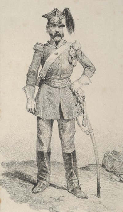 Soldado de pie con la mano en el yelmo de su espada, mediados del siglo XIX de Victor Adam