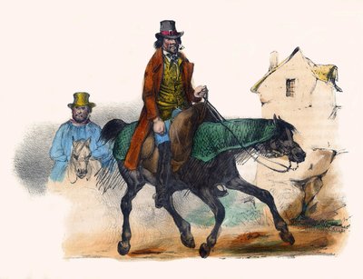 El comerciante de ganado trotando calculando su beneficio. En "Album Grotesque, Choices of Outstanding Types", ilustraciones de Victor Adam, París, circa 1850. de Victor Adam
