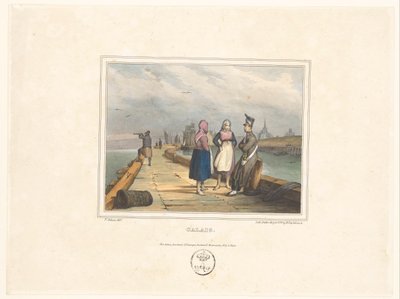 Dos niñas y un soldado en el embarcadero de Calais Calais (título sobre objeto) Trajes de los habitantes de las ciudades portuarias (título de la serie) Costumes de marins, designs dans les ports (título de la serie) de Victor Adam