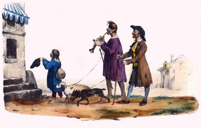 Dos ciegos guiados por perros y un niño mendigo. En "Album Grotesque, Choices of Outstanding Types", ilustraciones de Victor Adam, París, circa 1850. de Victor Adam