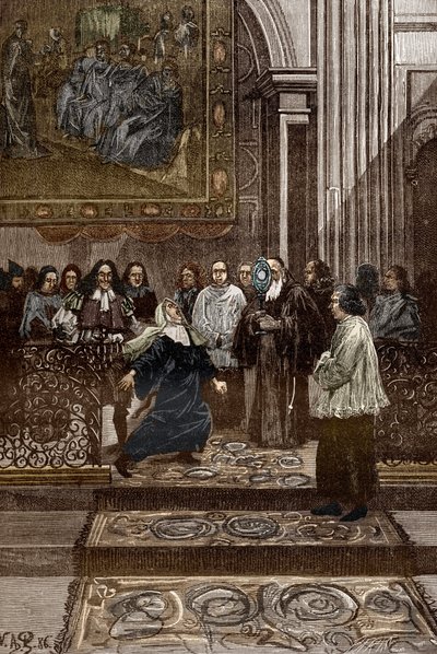 Affaire des possedes de Loudun (demonios de Loudun) hacia 1630: "Exorcismo de la madre poseída superiora del convento de las ursulinas por el cura de Chinon, Pierre Barre a raíz de los sucesos de las "Posesiones de Loudun", ilustración para poseídos de Lou de Victor Armand Poirson