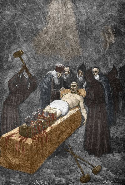 Caso de los Posssedes de Loudun (demonios de Loudun) hacia 1630: caza de brujas, el sacerdote francés Urbain Grandier (1590-1634) que supuestamente hizo un pacto con el diablo y acusa de haber embrujado a monjas, es torturado para bordar - (Urbain Grandier de Victor Armand Poirson