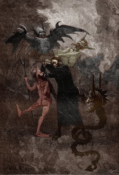 El asunto de los possedes de Loudun (demonios de Loudun) hacia 1630: el demonio Isaacarum (Isacaron) es perseguido por el sacerdote jesuita Jean-Joseph (Jean Joseph) Surin (1600-1665) (Lucha entre el sacerdote jesuita Surin y el demonio Isaacarum, simuland de Victor Armand Poirson