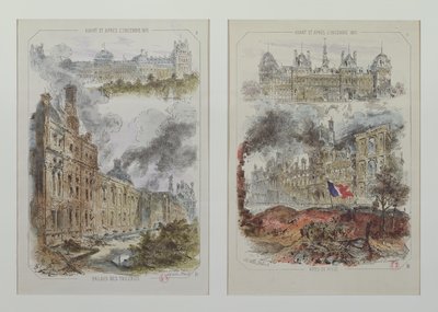 Vistas del Palacio de las Tullerías y el Hotel de Ville antes y después de los incendios de 1871 de Victor Coindre
