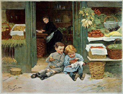 Tour him. Niño comiendo tostadas frente a los comestibles de su madre. La niña pequeña tiene una muñeca en sus rodillas. Pintura de Victor Gilbert (1847-1935). París, Artes Decorativas de Victor Gabriel Gilbert