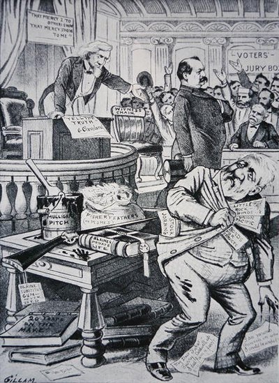 Grover Cleveland (1837-1908) Diciendo la Verdad sobre su Vida Privada, Mientras su Oponente James Blaine (1830-93) es Retratado como Corrupto de Victor Gillam