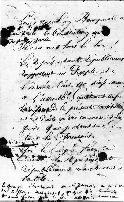 Primera página del Manifiesto apelando al pueblo de París a rechazar la violación de la Constitución Francesa por Luis Napoleón Bonaparte, 1851 de Victor Hugo
