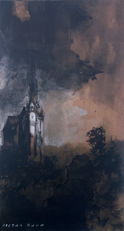 El Castillo a la Luz de la Luna (pluma y tinta india, sepia y gouache sobre papel) de Victor Hugo
