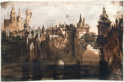 Ciudad con un puente roto (grafito, tinta india y sepia sobre papel) de Victor Hugo
