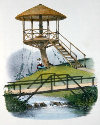 Una cabaña y un puente rústico en Parc de la Motte, Bourgogne, ilustración de 