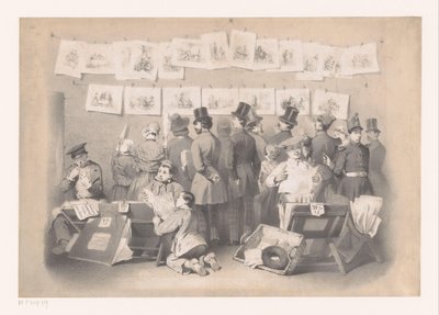 Titelprent met interieur van een prentenwinkel Museo de la risa (título de la serie) La pantalla (título de la serie) de Victor Jean François Dollet