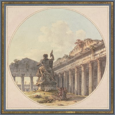 Capricho arquitectónico: Interior de una ruina de templo con una estatua de Júpiter Tonante y figuras de staffage de Victor Jean Nicolle