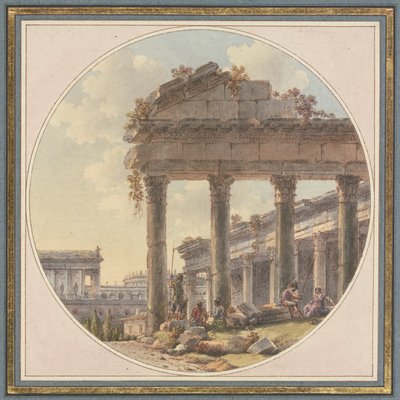 Capricho arquitectónico: ruina de templo y figuras de ambientación de Victor Jean Nicolle
