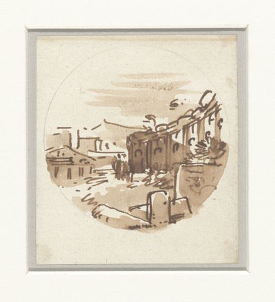 Boceto fugaz de edificios clásicos, un templo y un pórtico en un muro curvo de Victor Jean Nicolle